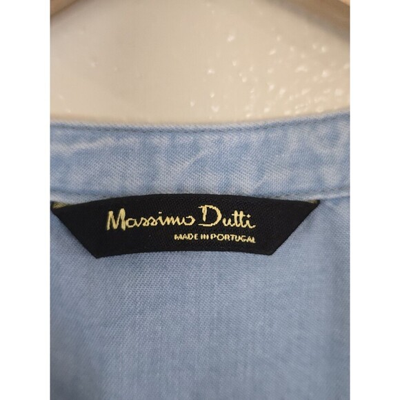 Massimo Dutti Size 4 Blue Soft Denim Button Up Blouse Collarless Chambray - Picture 10 of 12